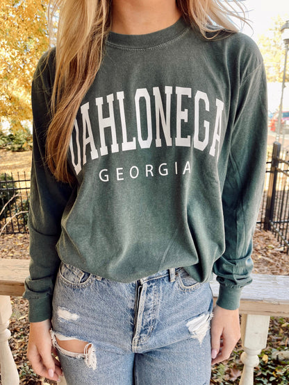 Teal Dahlonega Georgia Long Sleeve Tee on model