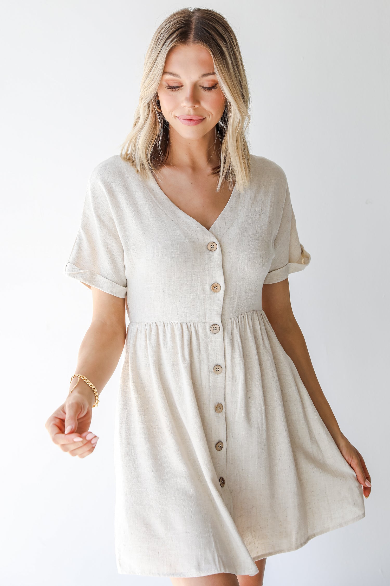 Linen Babydoll Dress in oatmeal on model