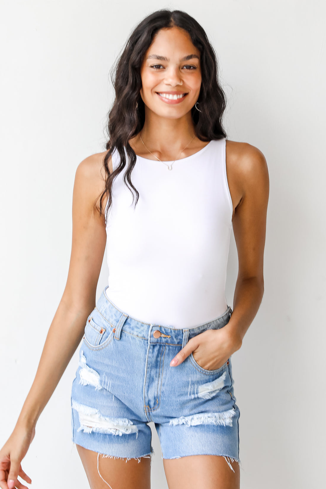Distressed Denim Shorts on model