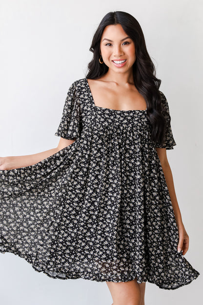 Floral Mini Dress in black on model