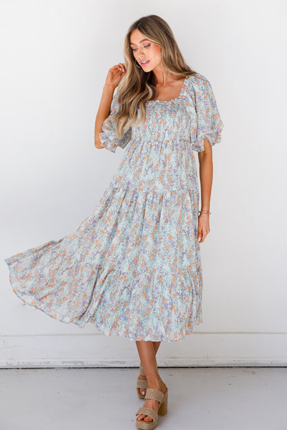 blue Floral Midi Dress