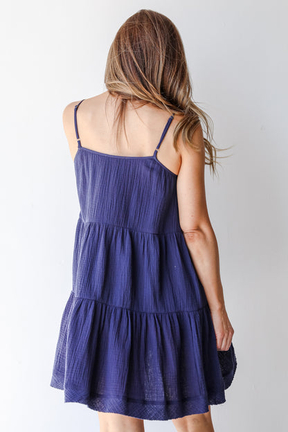 Tiered Linen Mini Dress in navy back view