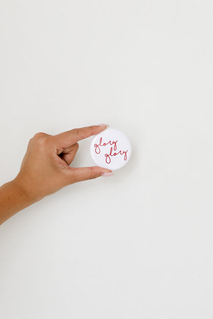 white Large Glory Glory Script Button close up